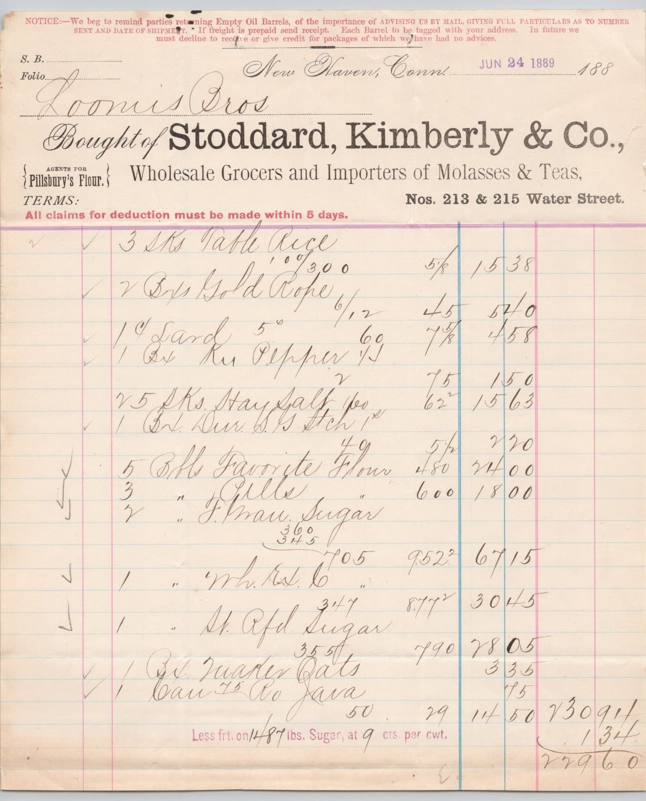 1889 Stoddard Kimberly & Co Grocers Importers of Molasses & Teas New Haven CT