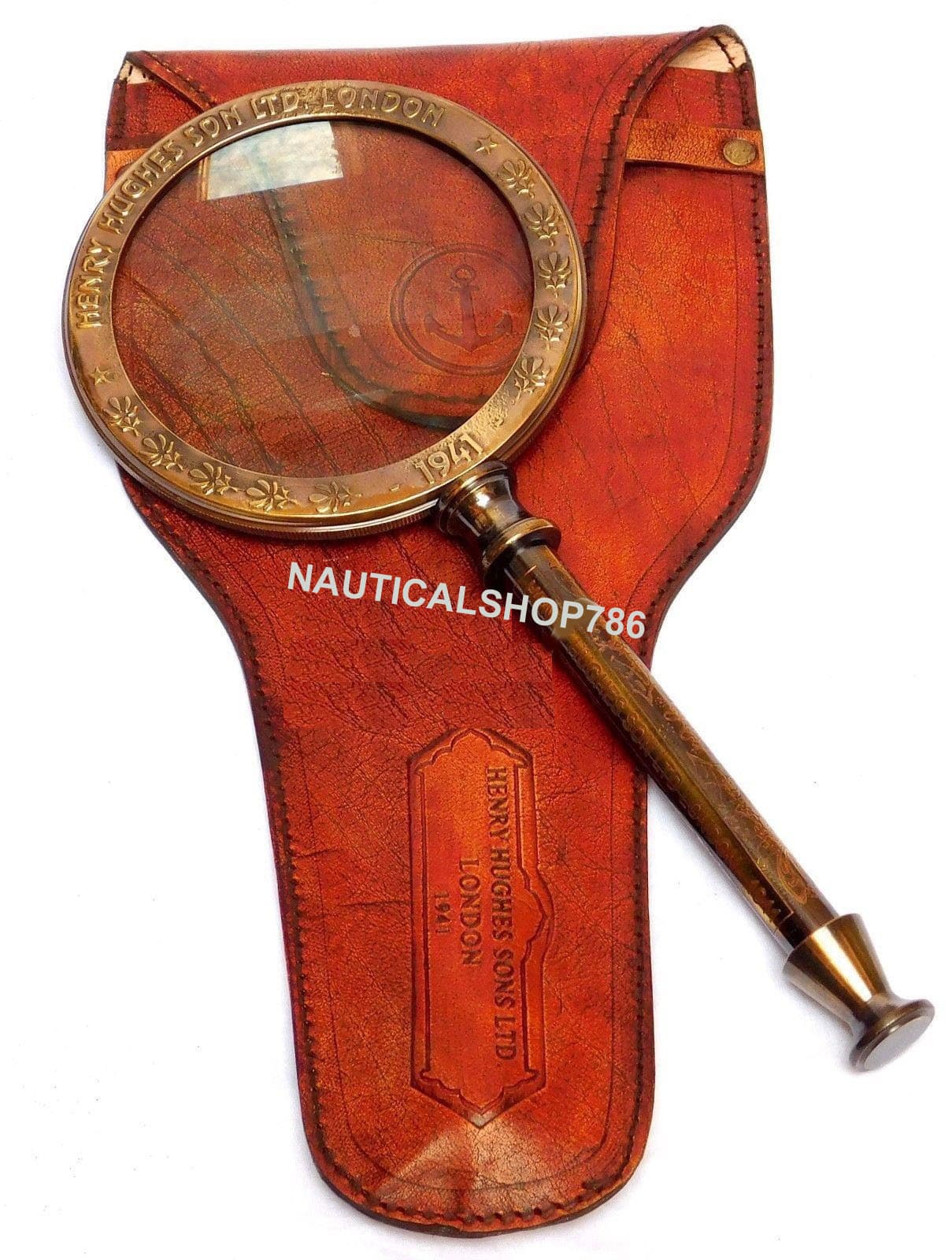 Large 10'' Antique Brass Henry Hughes Magnifying Nautical With Leather Case