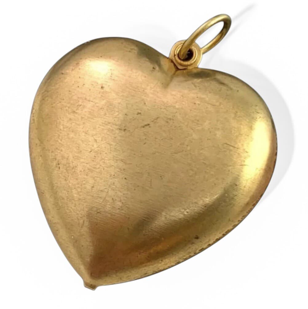 Large Vintage Puffy Heart Charm Necklace Pendant Brass Metal Vintage Jewelry
