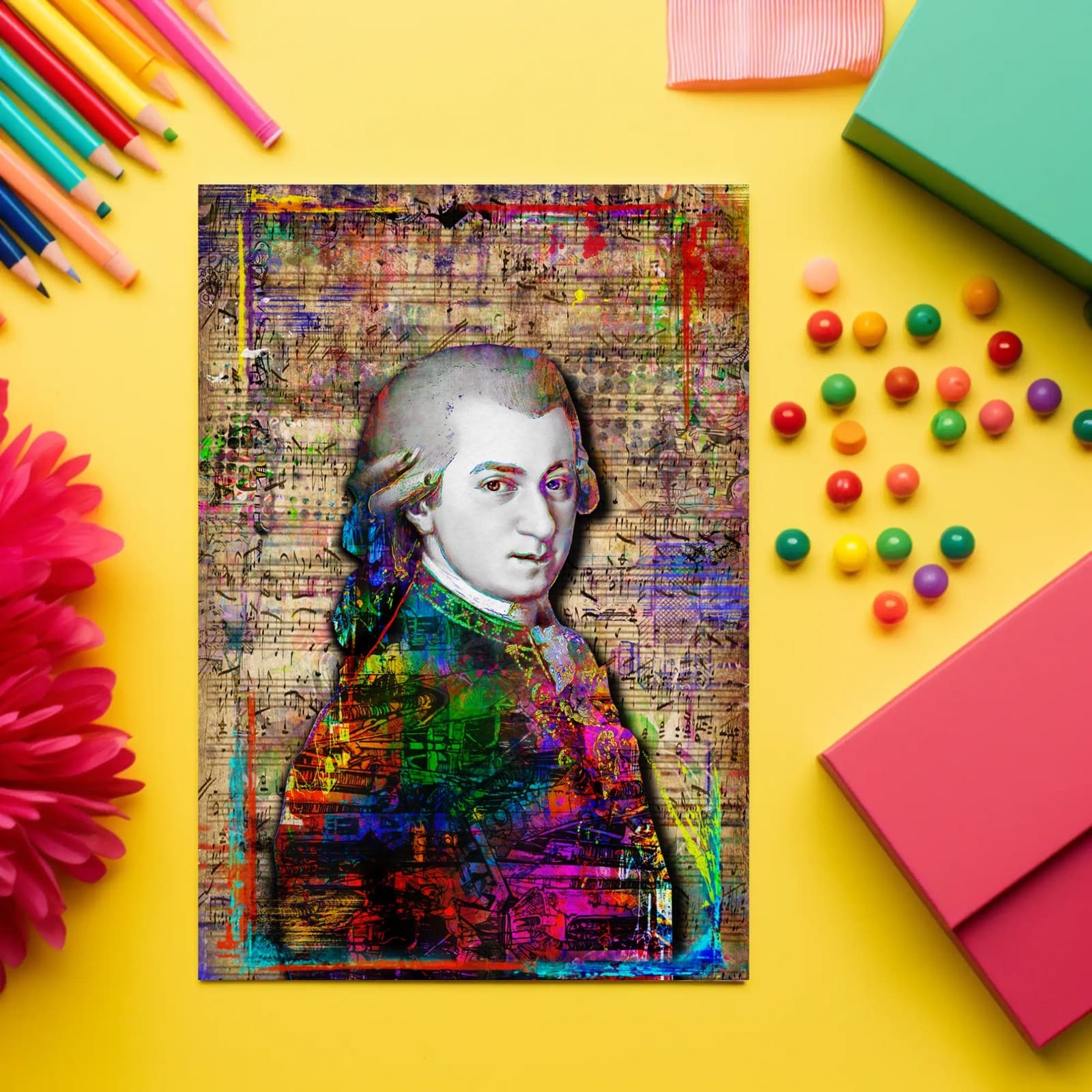 Wolfgang Amadeus Mozart 8x12in Poster, Mozart Tribute Pop Art Free Shipping US