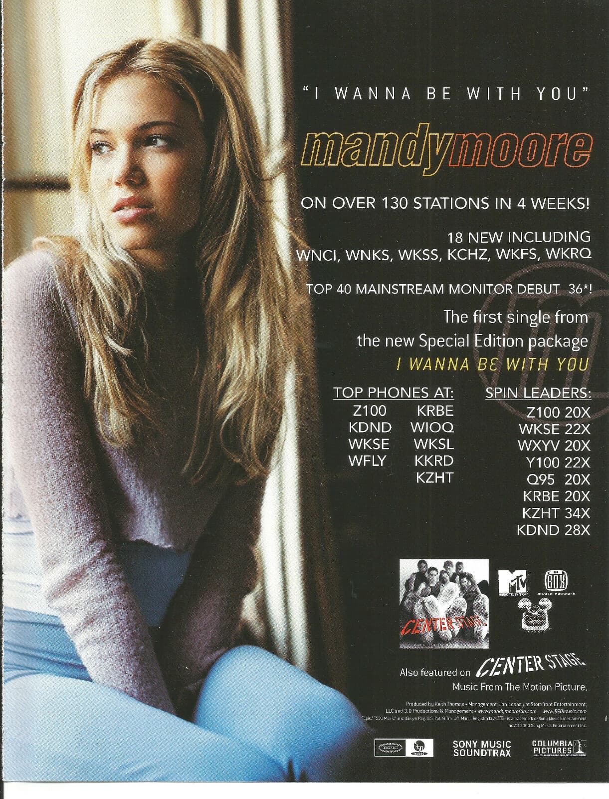 MANDY MOORE Rare Wanna VINTAGE 2000 PROMO TRADE AD Poster for Center CD MINT USA