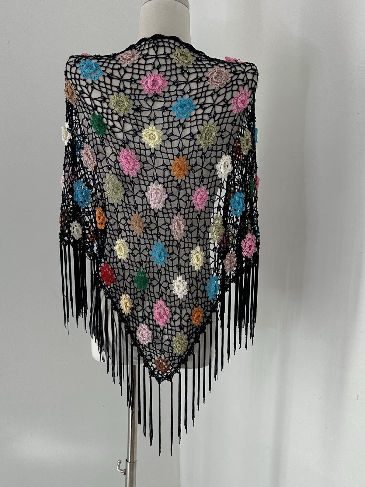 Vintage Crochet Rosette Beaded Fringed Piano Shawl One Size