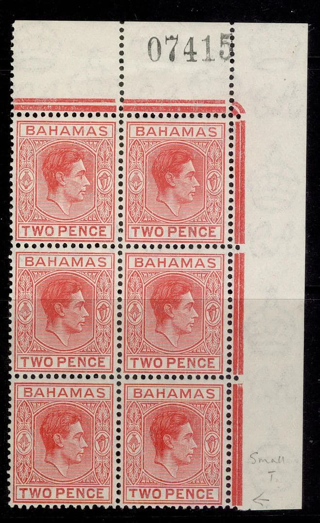 BAHAMAS GVI SG152ba, 2d scarlet, NH MINT. Cat £145. SHORT T in BLOCK x6