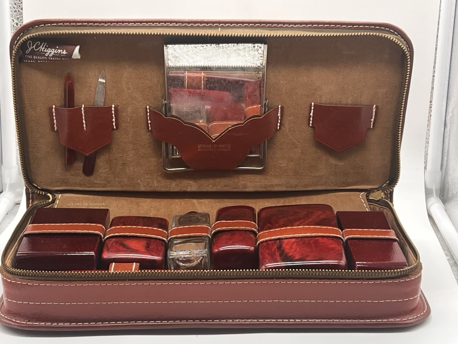 NOS Vtg 1940s JC Higgins Sears Large Leather Travel Kit Dressing Case 11 Pieces