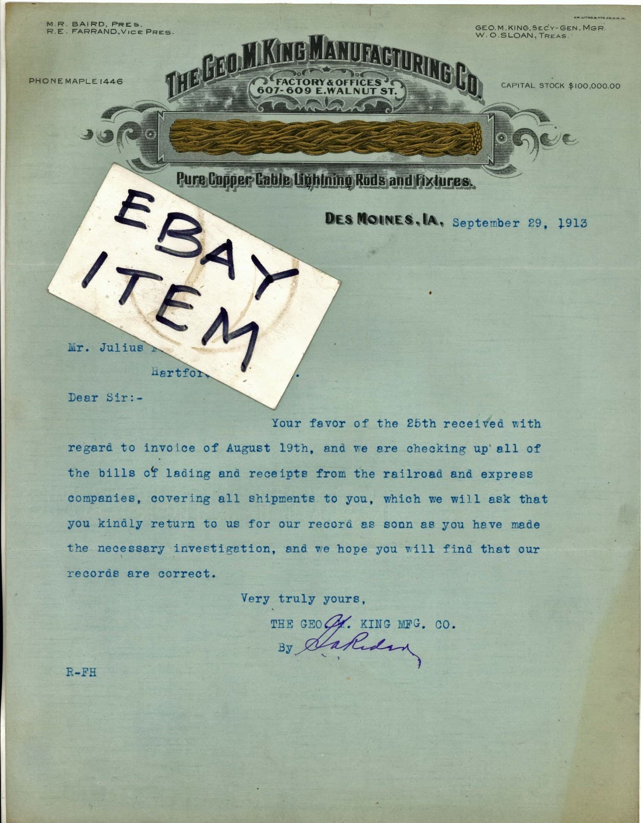 1913 DES MOINES IOWA letterhead George M King Mfg. LIGHTNING RODS Baird Farrand