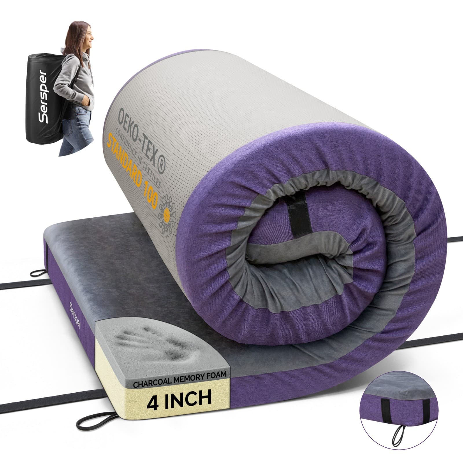 Memory Foam Camping Mattress Pad, Portable Roll Up Sleeping Mat, 75*39*4 inch