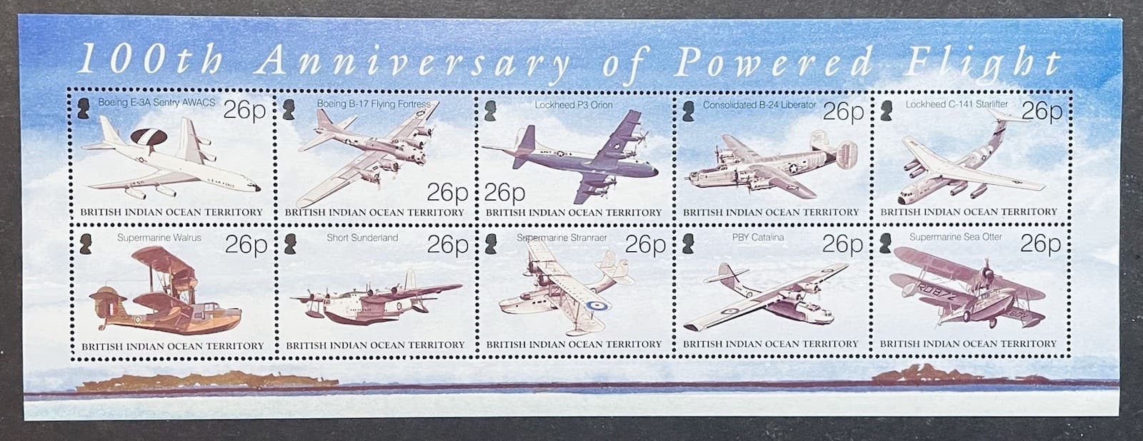 BRITISH INDIAN OCEAN POWERED FLIGHT CENTENNIAL AIRPLANE STAMPS SHEET 2003 MNH