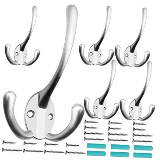 6 Pack Big Heavy Duty Three Prongs Coat Hooks Wall Mounted with 24 Matte Nickel