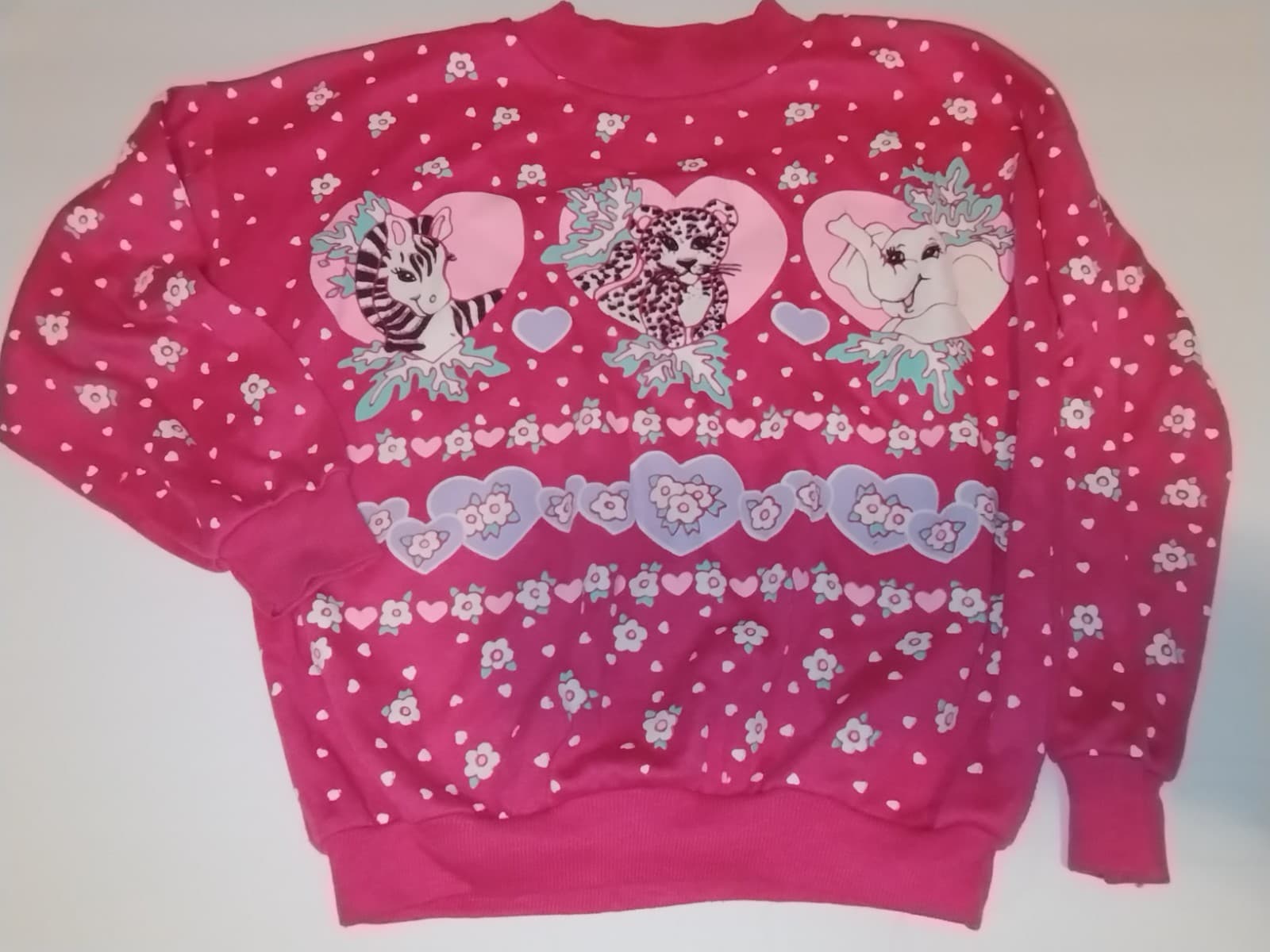 Vintage 80s Girls Pink Sweatshirt Fairy Kei Hearts Zebra Tiger Elephant Sz 6