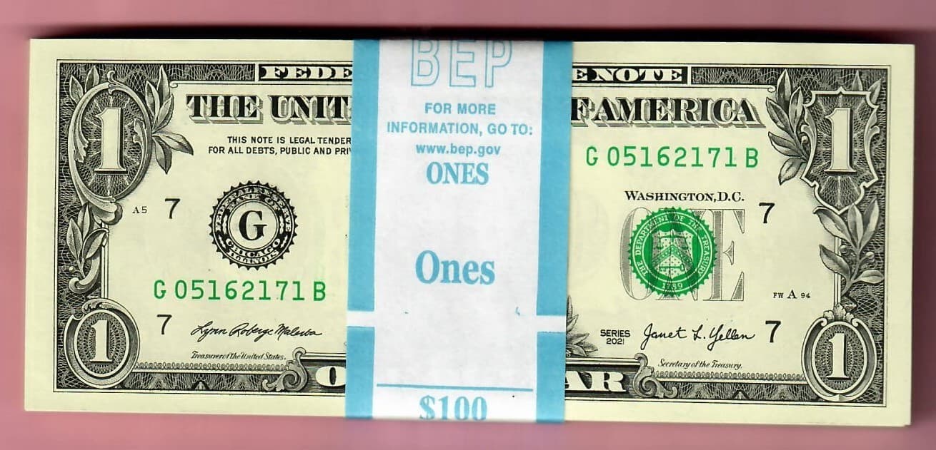 100 mostly Consecutive Uncirculated $1 series 2021 Chicago District G/B Block