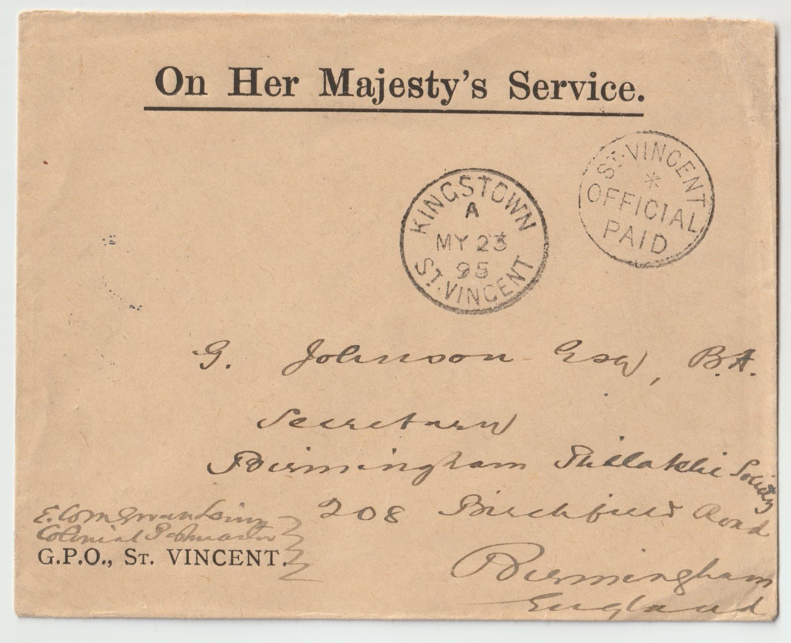 P84/09 ST VINCENT 1895 OHMS OFFICIAL PAID COVER TO UK
