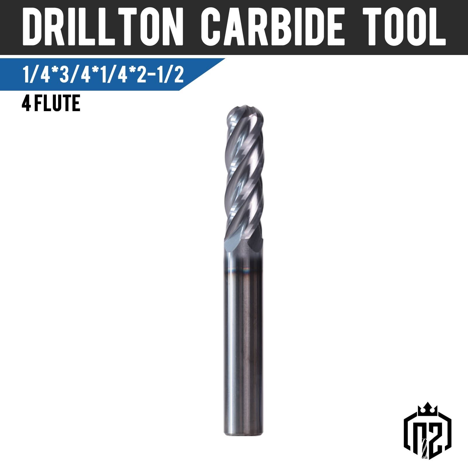 1/4" 4 Flute 2-1/2" Overall Length Ball Nose Solid Carbide End Mill AlTiN Coated