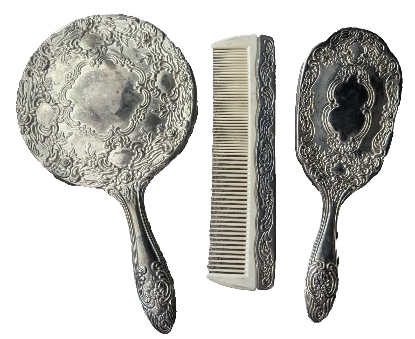 Vintage Silver Plated Vanity Dressing Table Set Mirror Brush And Comb
