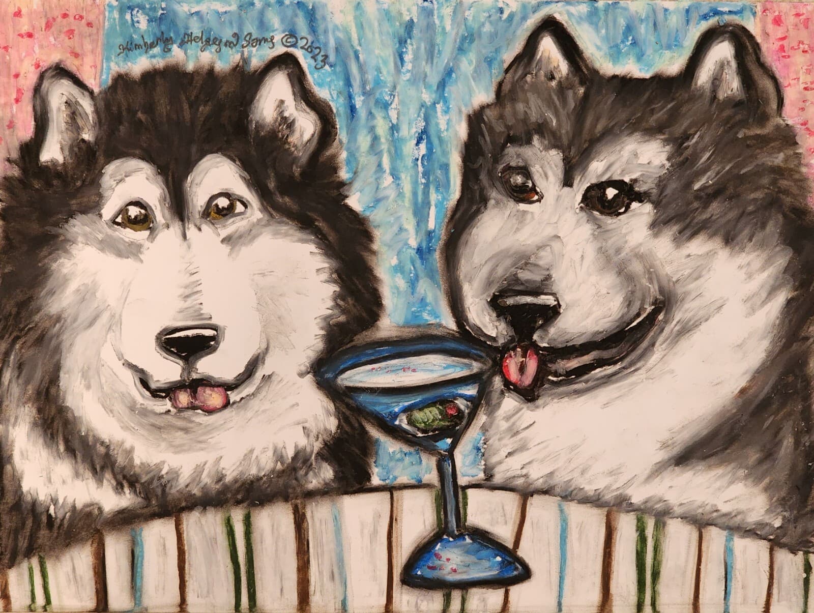 ACEO PRINT OF PAINTING ALASKAN MALAMUTE drinking a Martini KSAMS dog art 2.5x3.5