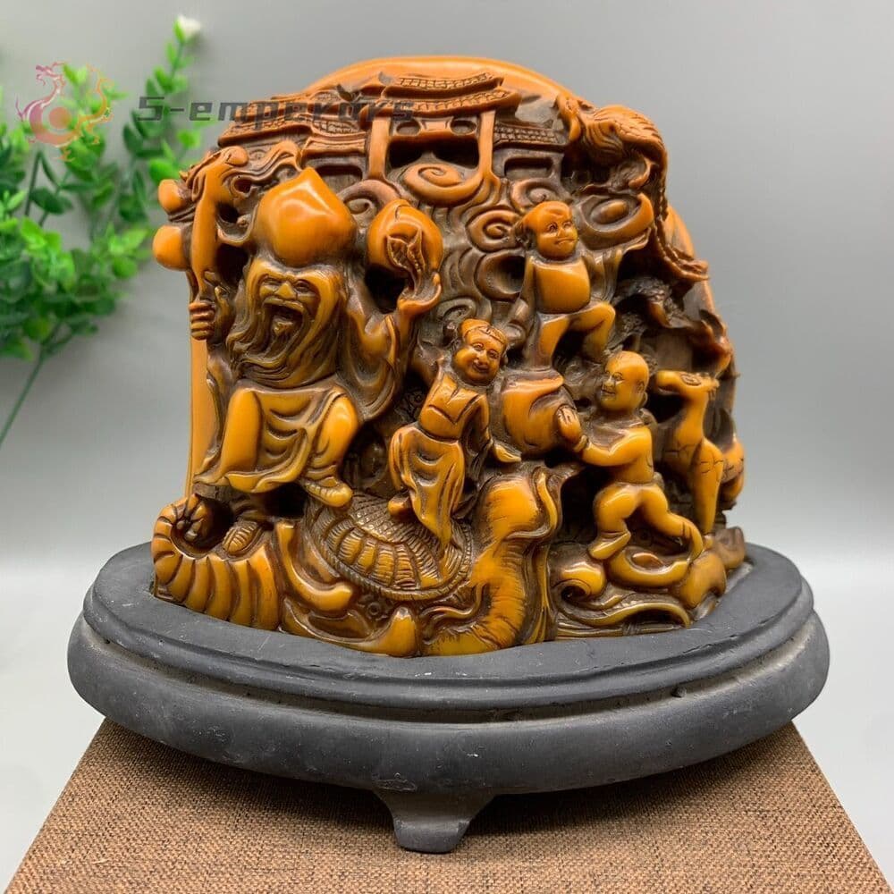 4.3"Noble old shoushan stone handwork carved Longevity god and children statue