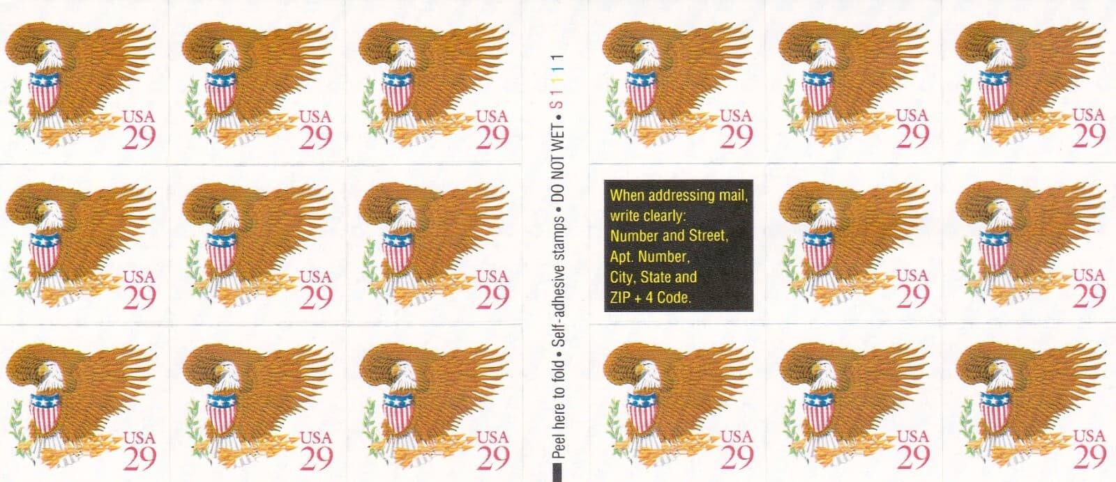 U.S. BOOKLET PANE OF 17 SCOTT#2597a 1992 29ct EAGLE&SHIELD MNH P#S1111