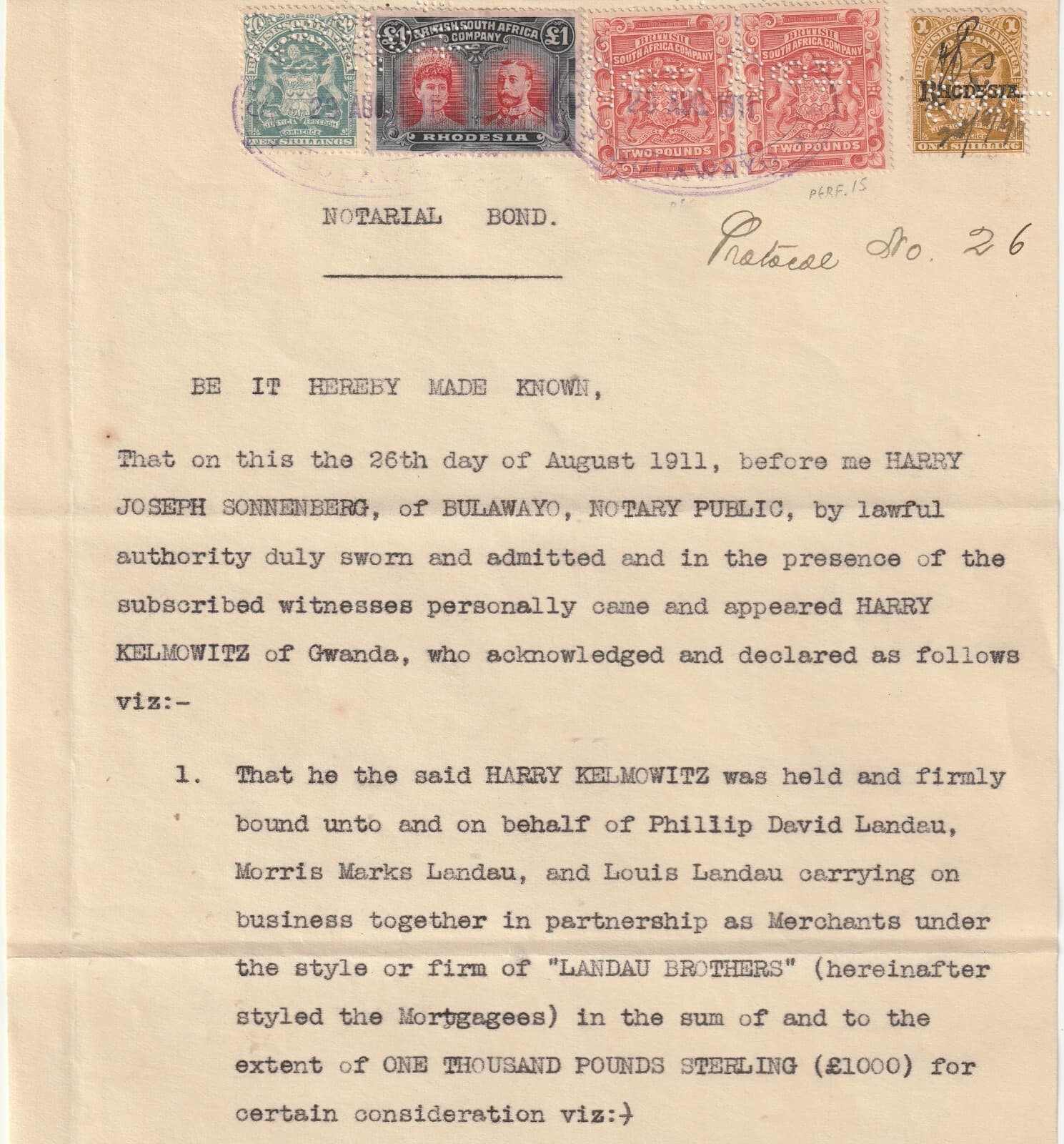 1911 Rhodesia Notarial Bond £1 Scarlet & Black Double Head & Arms Selection.