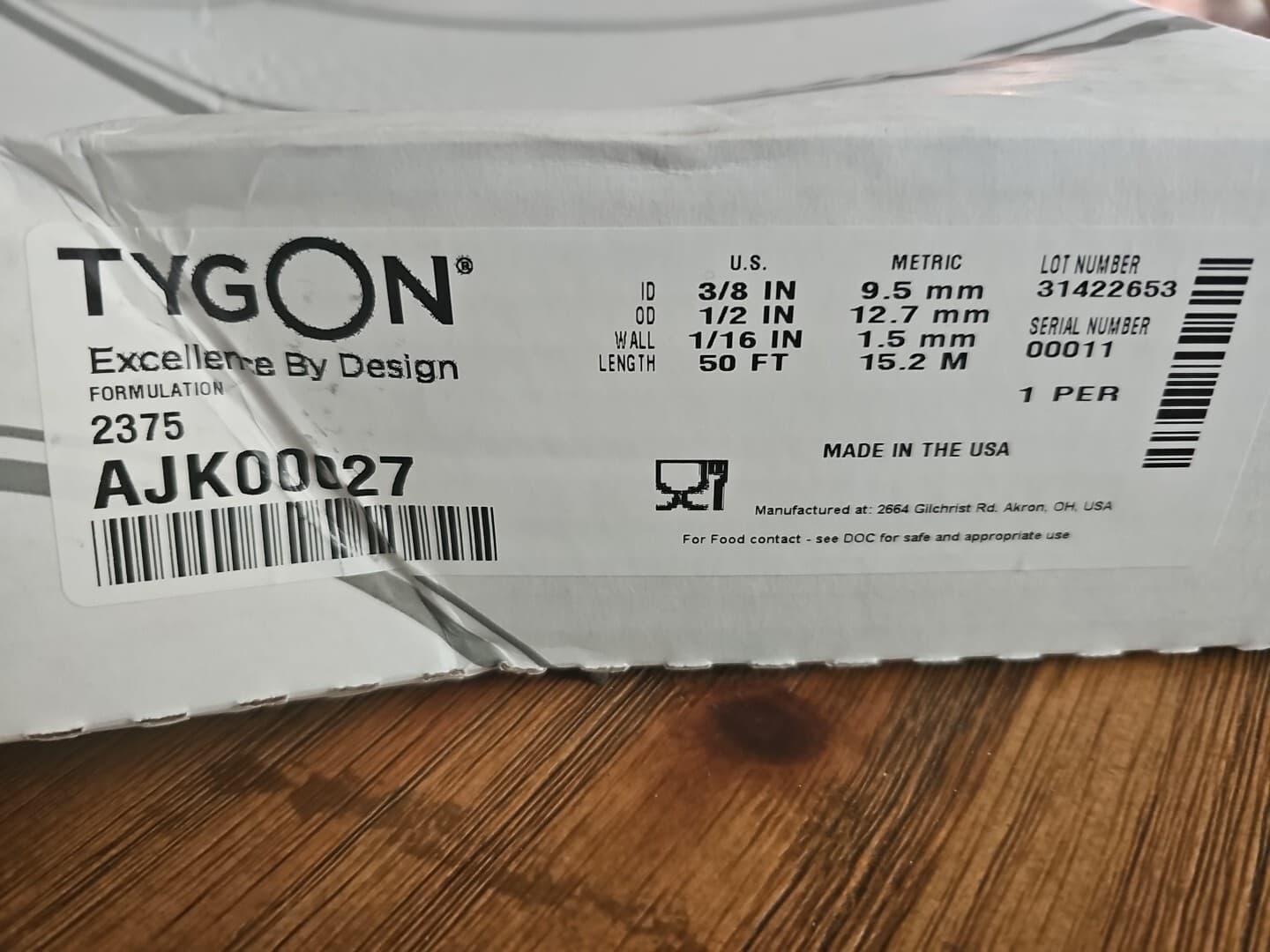 Tygon 2375 Tubing AJK00027 1/2" OD x 3/8" ID x 1/16" Wall x 50 Feet Loc Pc #2D