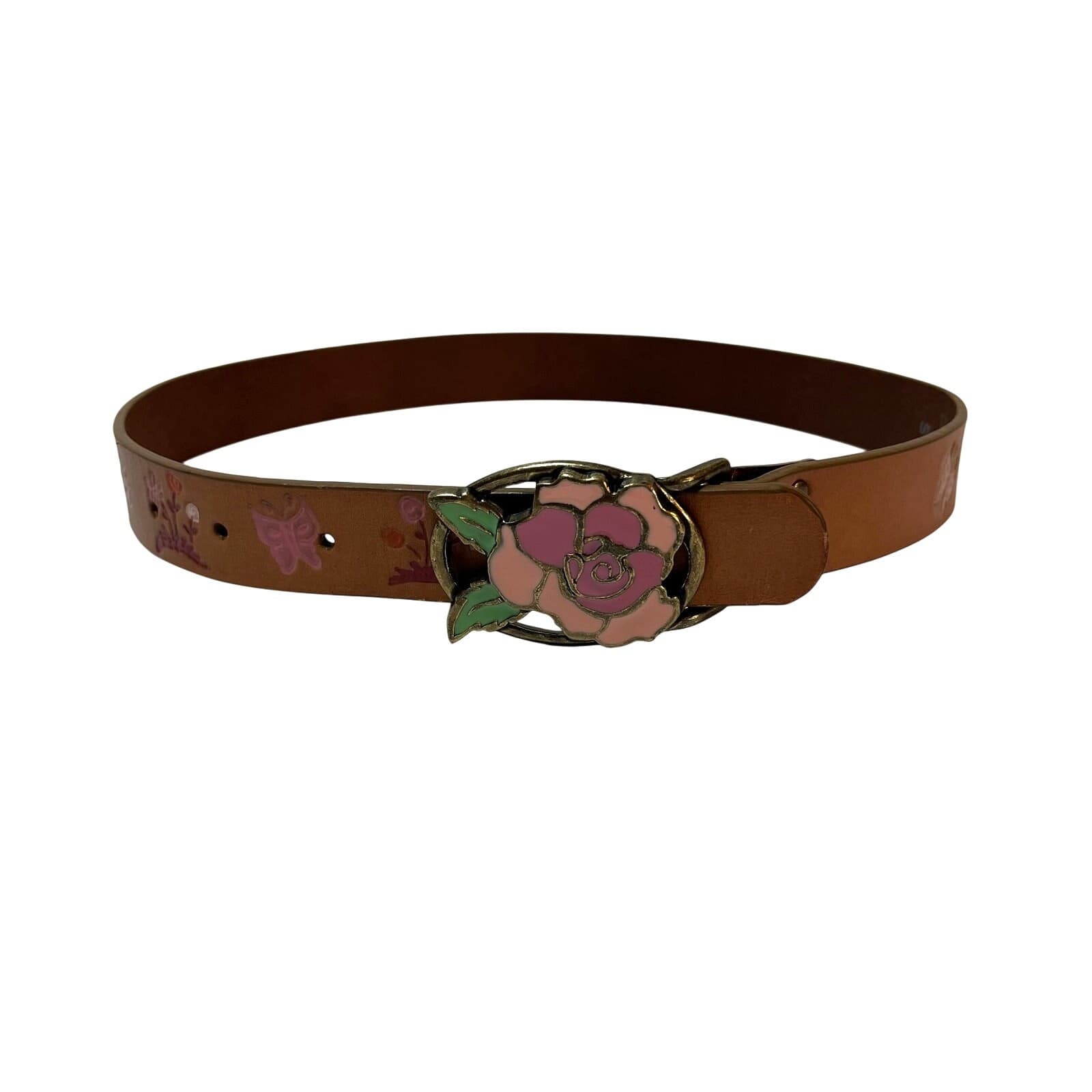 Gap Kids Girls Leather Belt Rose Brown Floral Butterfly Small Cottage Princess