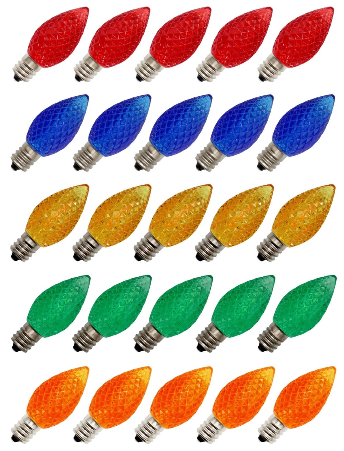 25 Pack C7 Faceted LED Multicolor Replacement Light Bulbs for Christmas 0.7W