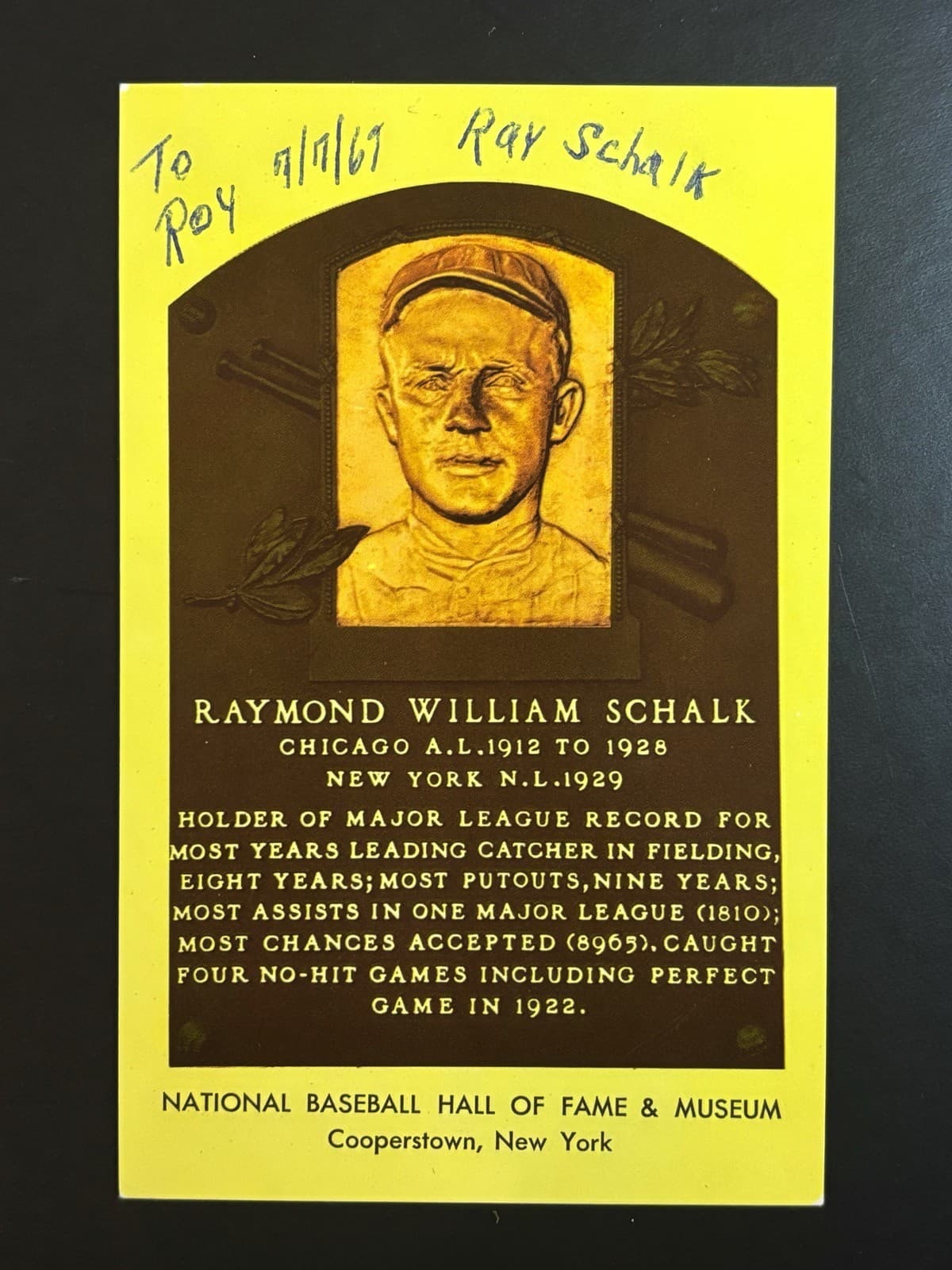 Ray Schalk Signed Baseball HOF Gold Hall of Fame Plaque Autograph