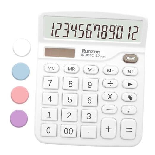 White Calculator, Basic Office Calculator, Desktop Calculator 12 Digit, Large