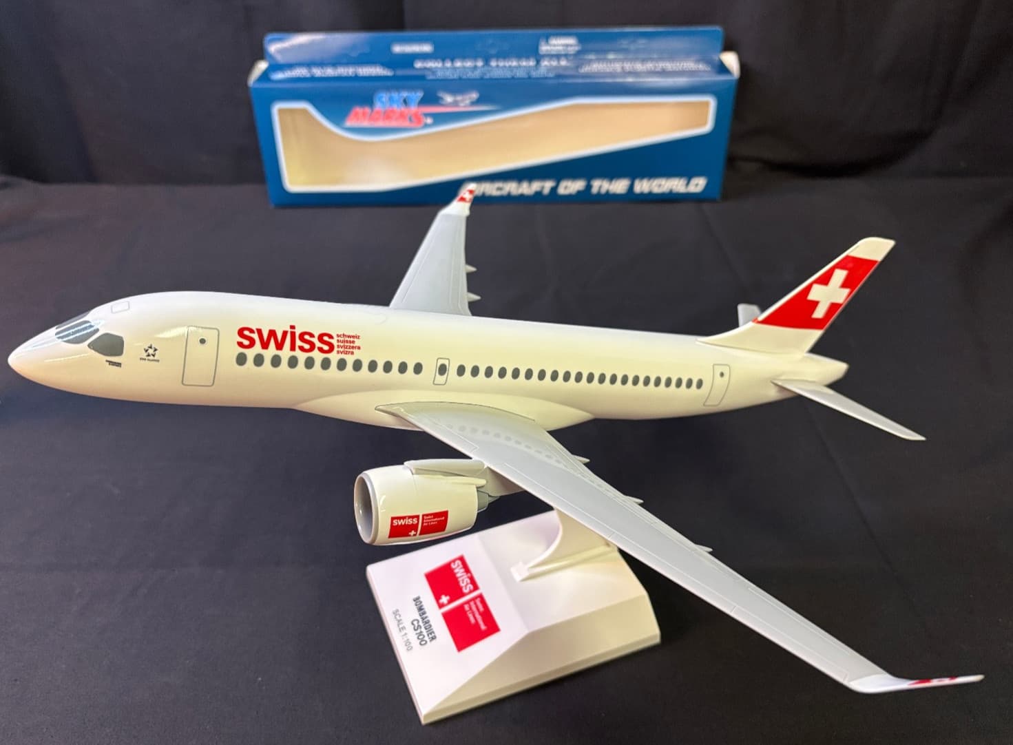 SkyMarks CS100 A220 Swiss Air 1/100 Scale Desk Top Model Airplane Aircraft Jet