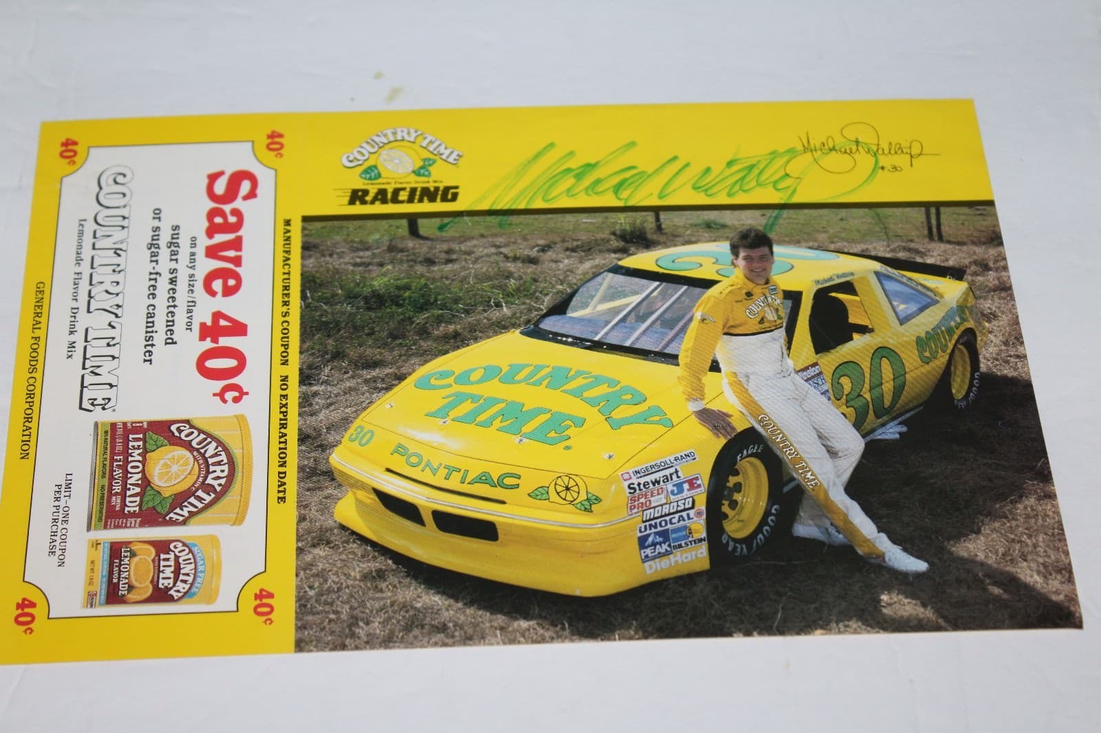 1980'S MICHAEL WALTRIP signed COUNTRY TIME RACE CAR PICTURE & COUPON