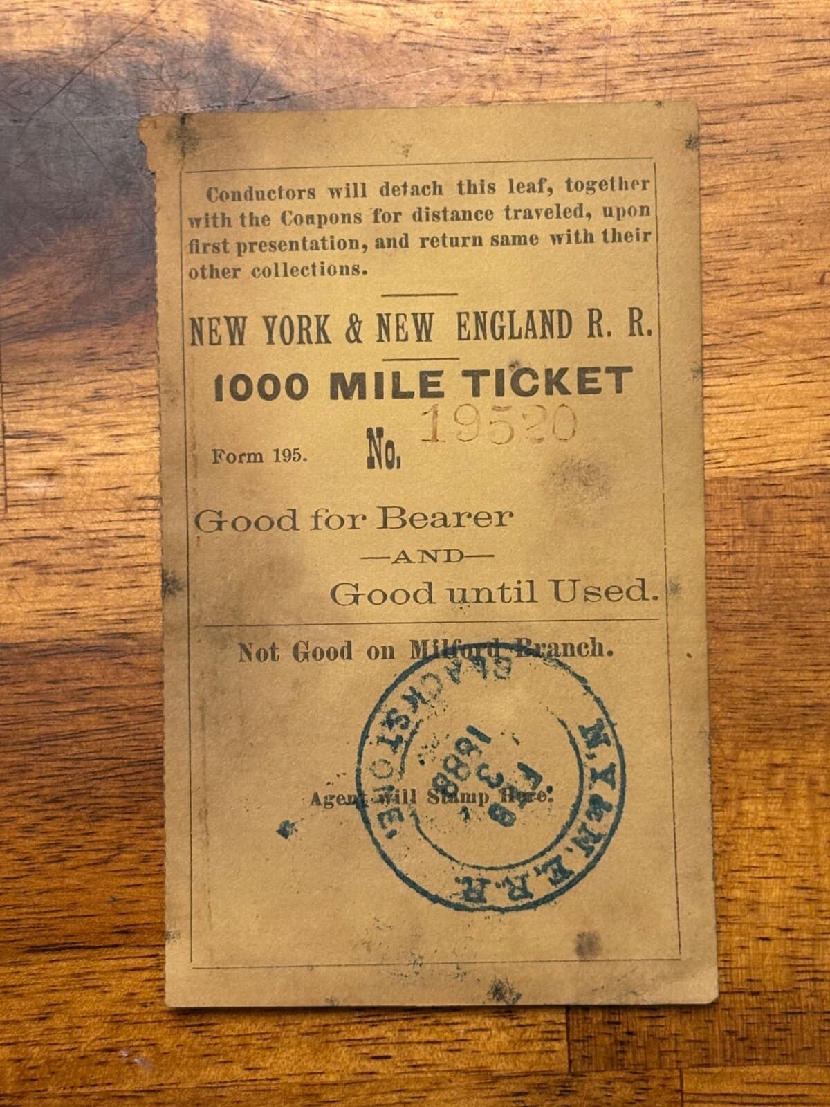 1888 New York & New England R.R. Railroad 1000 Mile Ticket Train Ephemera