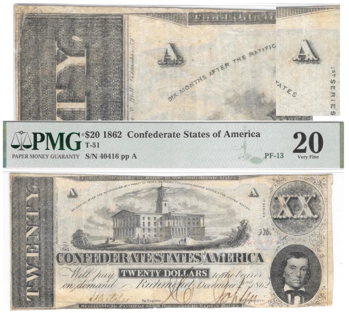 RARE DOUBLE TRANSFER ERROR T-51 PF-13 1862 $20 CONFEDERATE PAPER MONEY PMG VF20