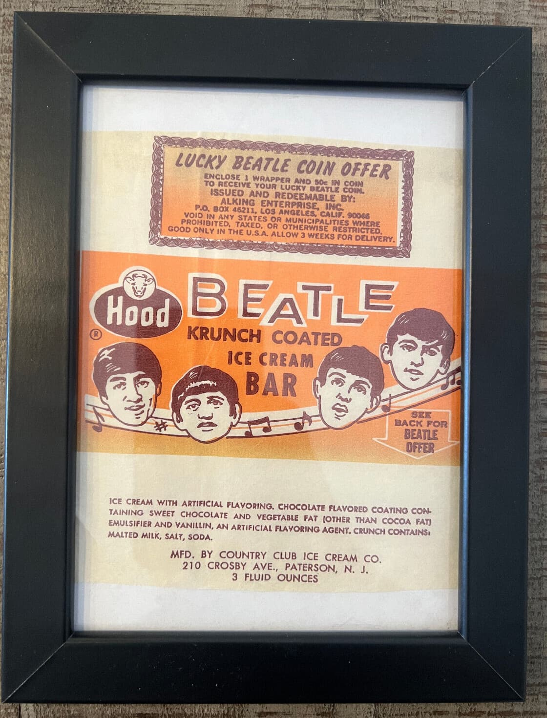 1964 Beatles Original Hood Krunch Coated Ice Cream Bar Wrapper Framed