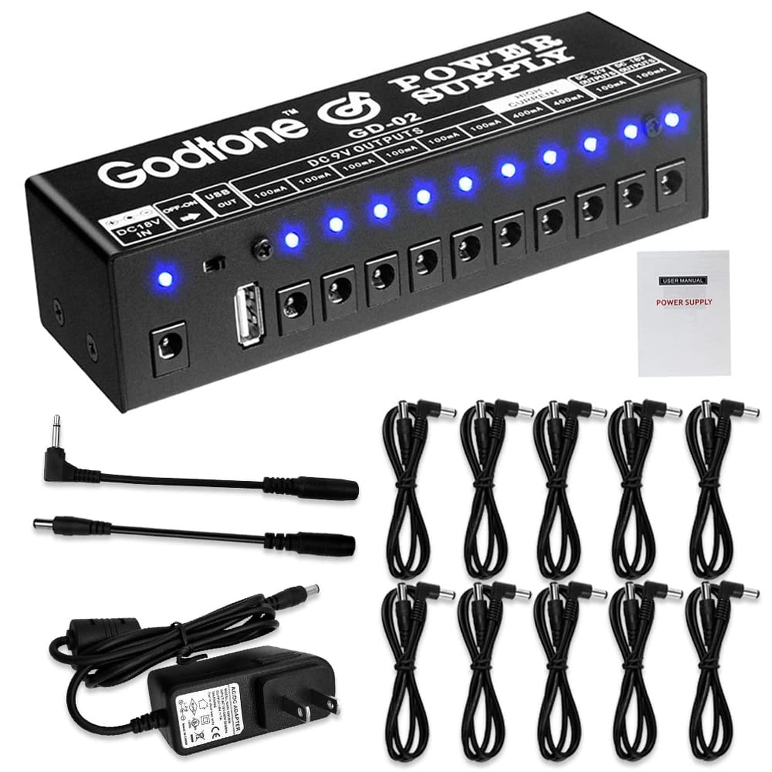 Guitar Pedal Power Supply 10 Isolated DC Output for 9V/12V/18V, 100mA 400mA E...