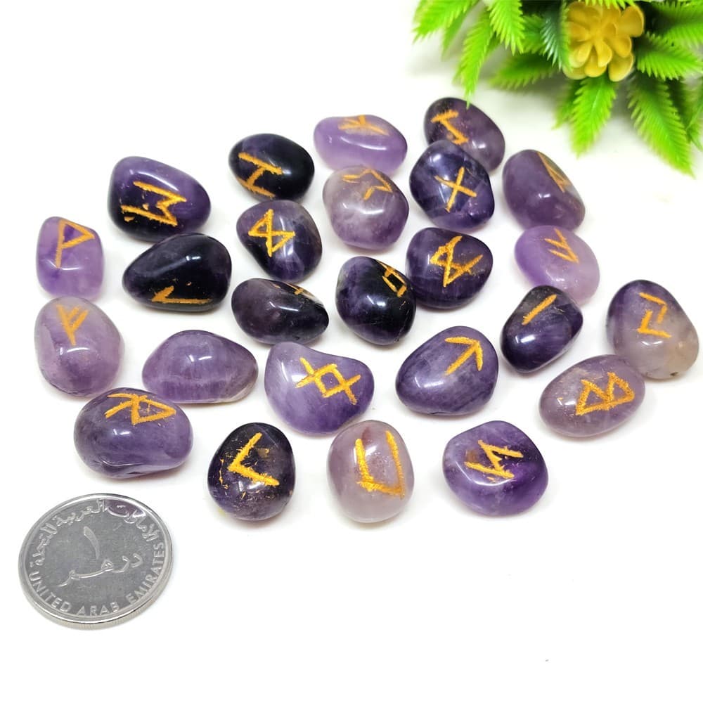 Amethyst Rune Stone Set | Hand-Carved Crystal Runes for Reiki, Spiritual Gift