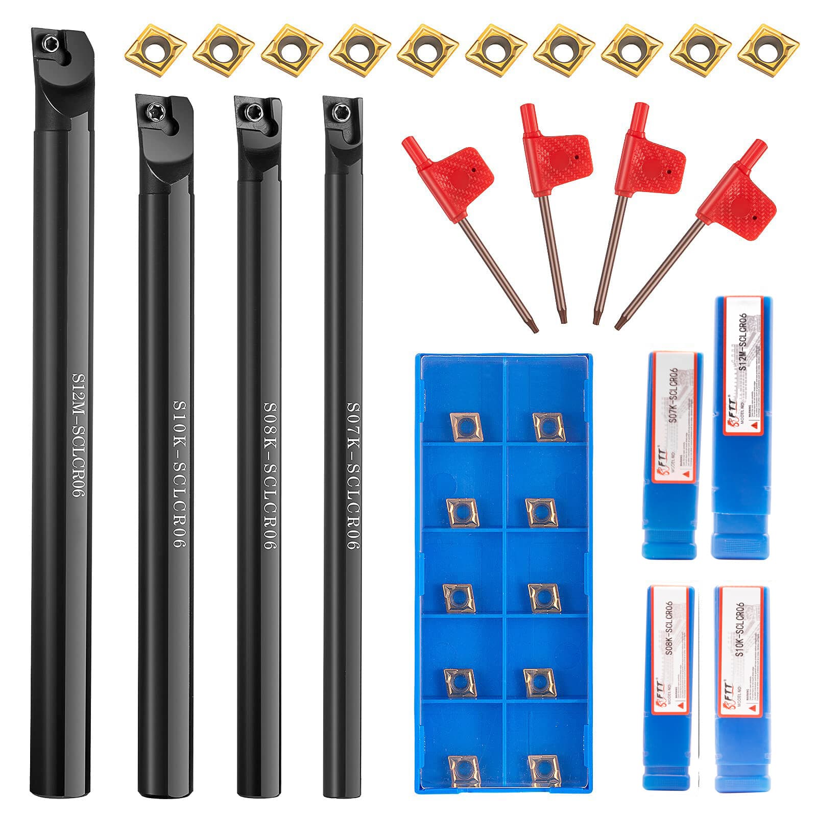 4pcs Boring Bar Set S07K/S08K/S10K/S12M-SCLCR06+ 4pcs wrenches and 10pcs Inserts
