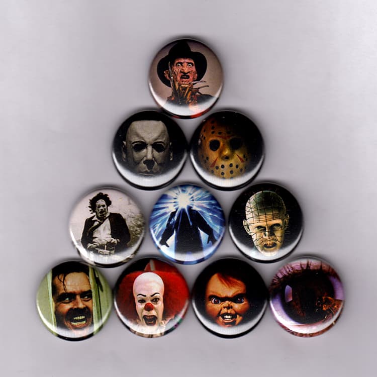 HORROR ICONS 1" PINS BUTTONS nightmare elm friday 13th thing it halloween poster