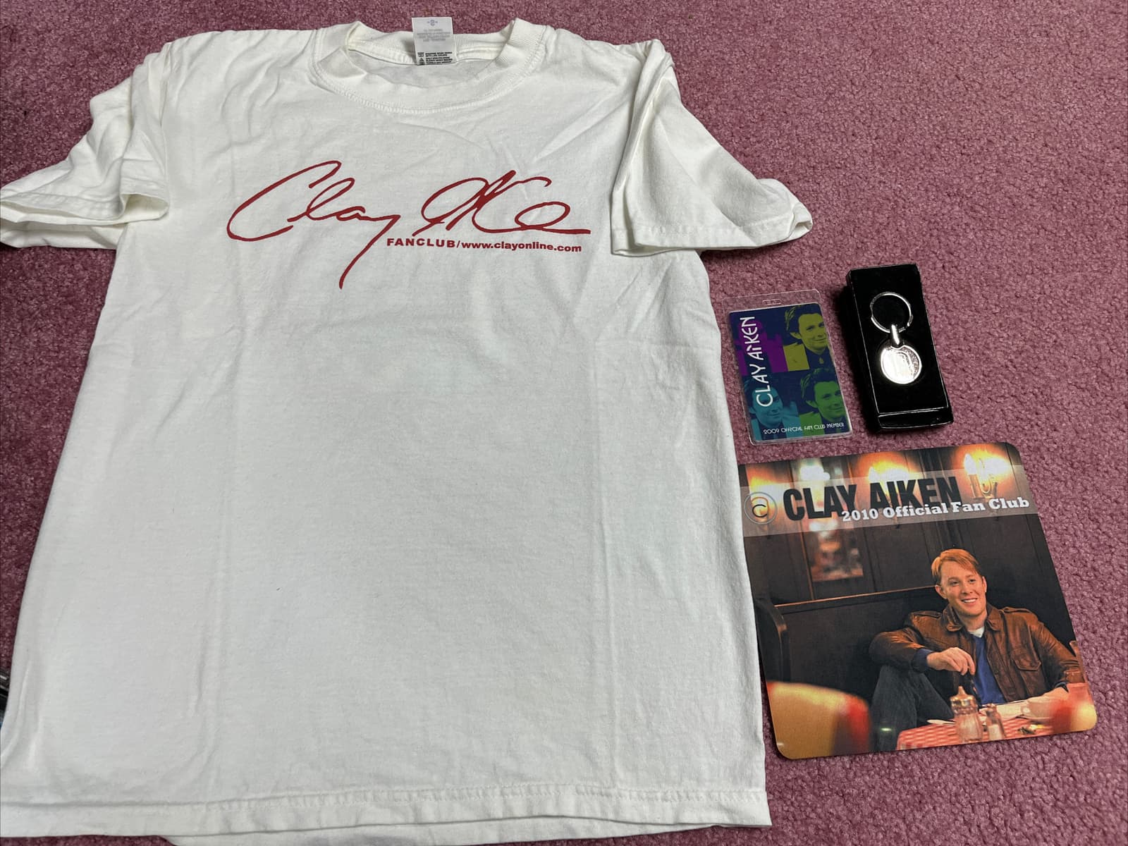 Official Clay Aiken Fanclub T shirt, keychain, mouse pad and badge 2009-10