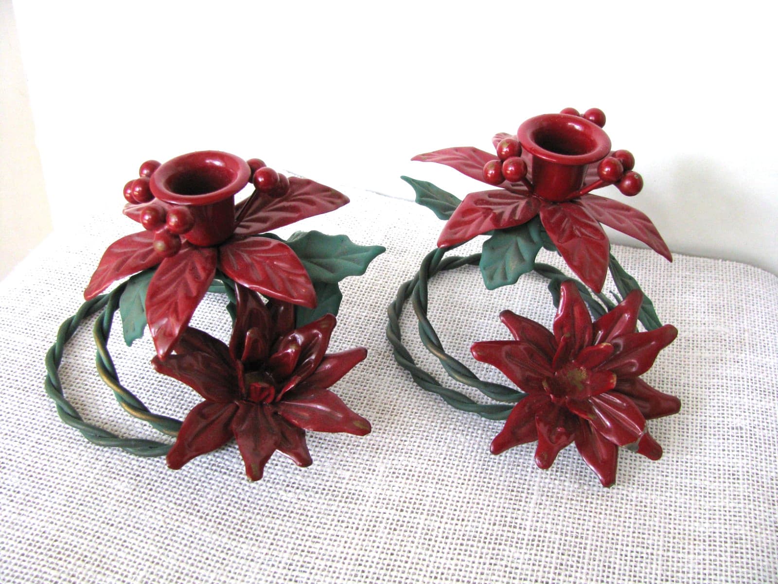 Set of 2 Cranberry Poinsettias Coiled Metal Taper Candle Holders Holly Leaves