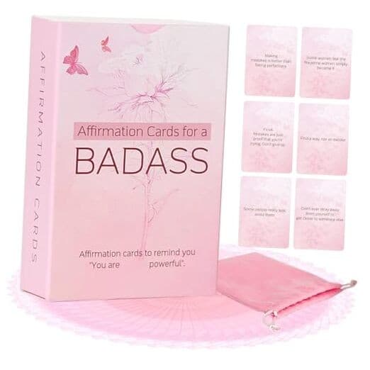 Badass Positive Affirmation Cards Set - Funny Pink Affirmation Cards with Bag