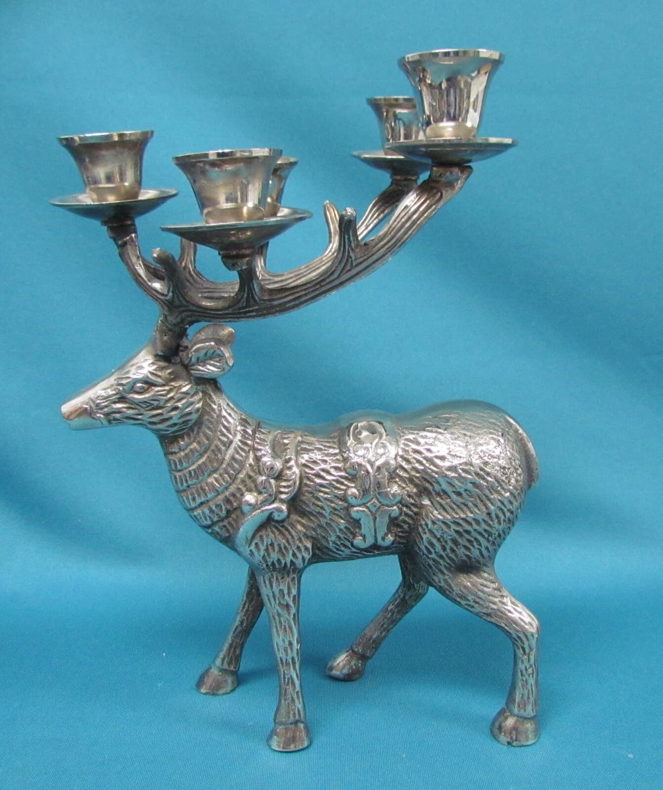 Reindeer Candelabra Silver Tone Cast Metal Christmas Deer 5 Candle