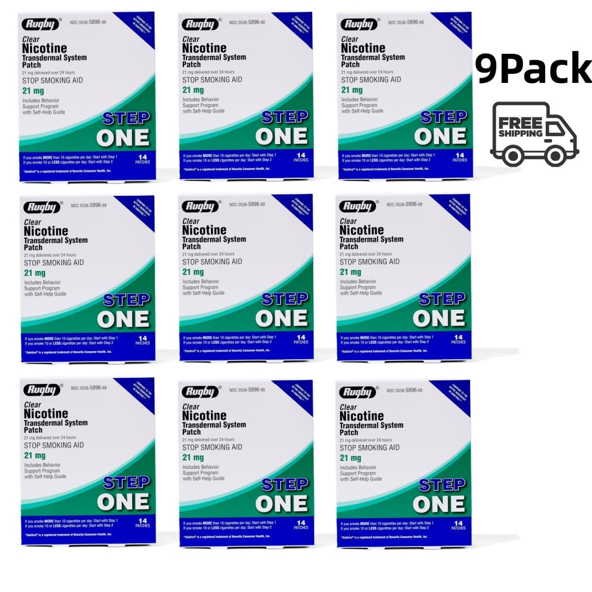 New 9 Pack Patches Rugby Clear Nicotine 21mg Transdermal System Patch Step1 US