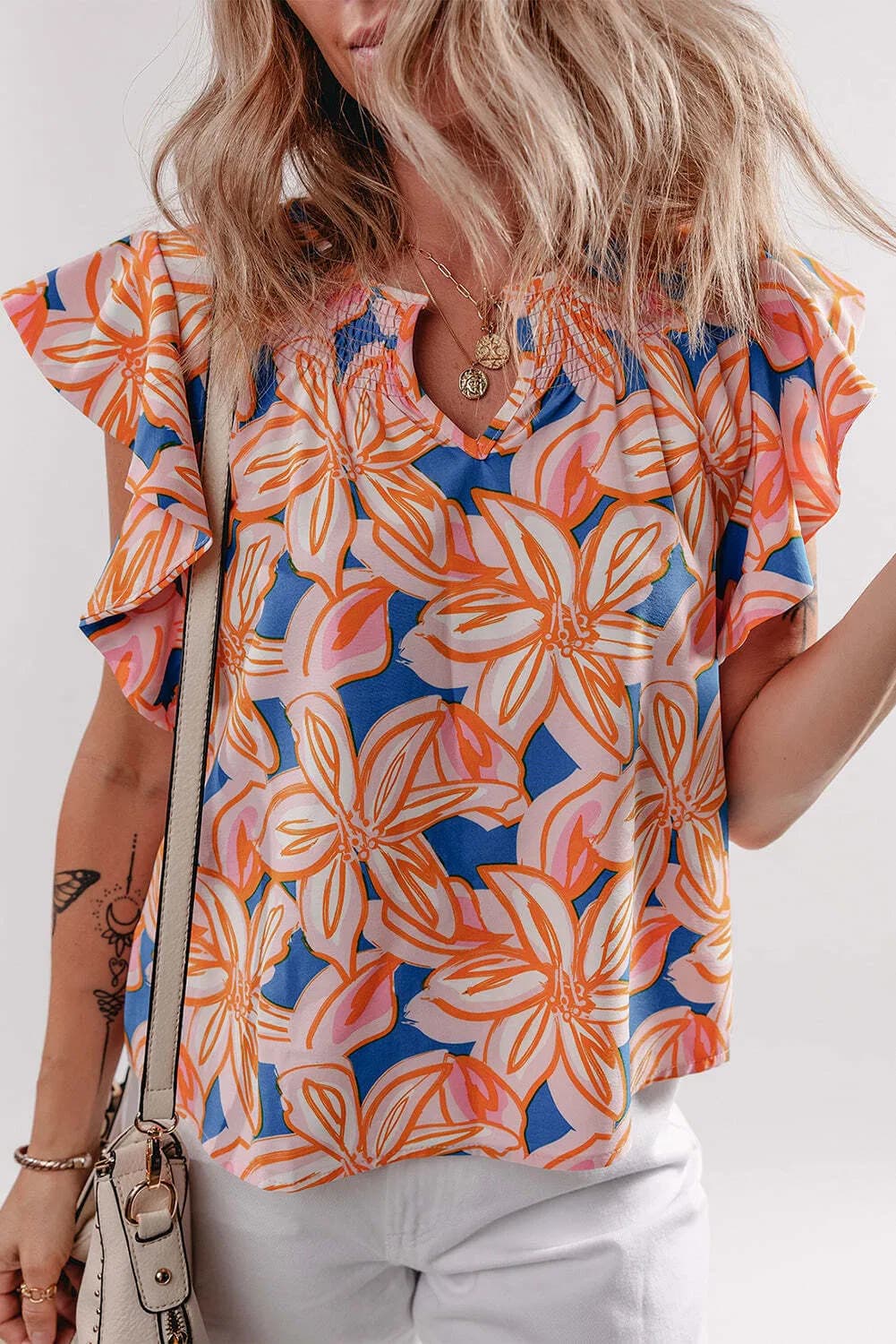 Orange Summer Flower Print Notched Neck Ruffle Sleeve Blouse