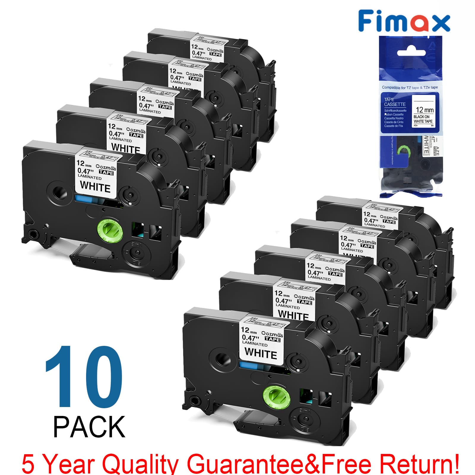 10PK For Brother P-Touch TZe-231 TZ-231 12mm White Standard Laminated Label Tape