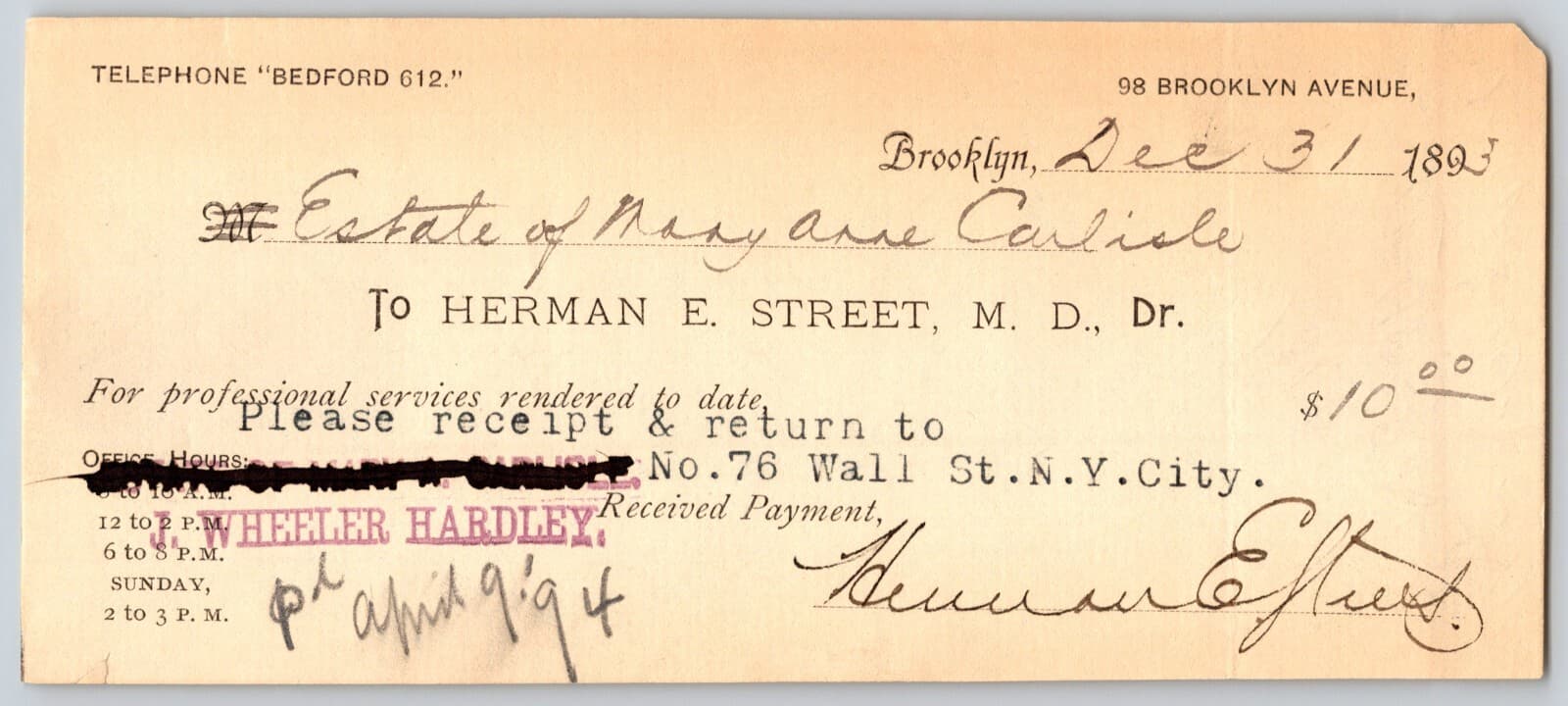 Herman E. Street, M.D. 98 Brooklyn Ava. Brooklyn NY 1886 Signed Medical Receipt