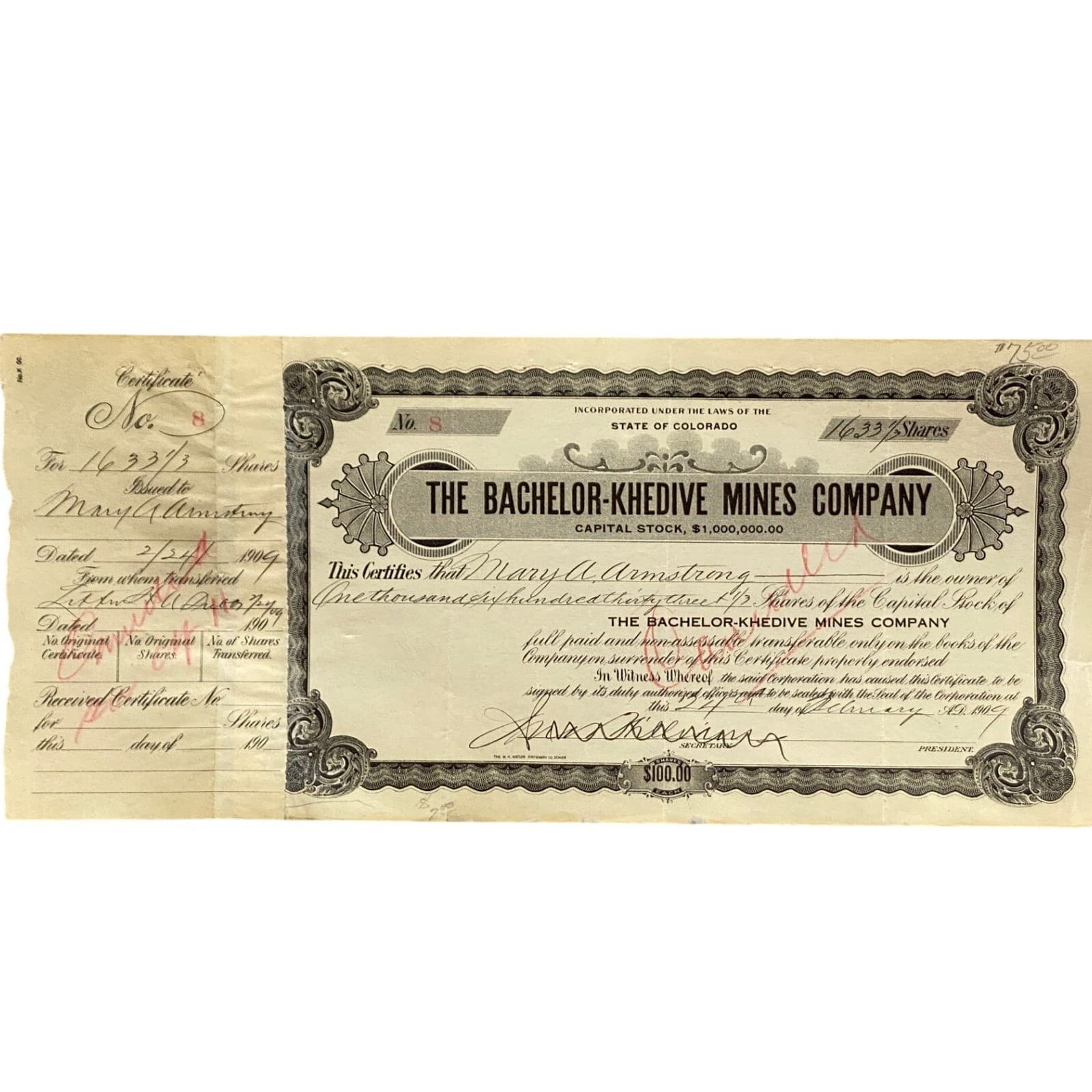 Antique 1908 Mining Stock Certificate Bachelor Khedive Mines Collectible