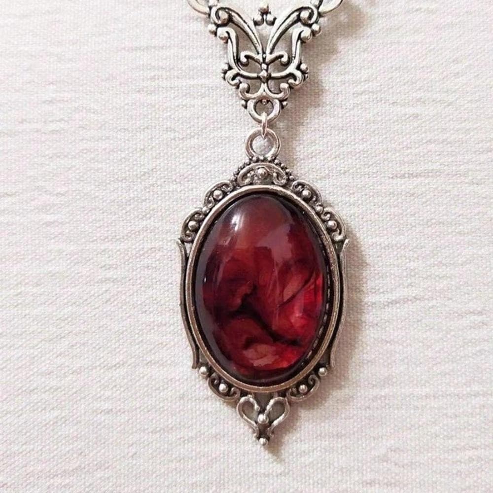 Vintage Red Stone Pendant Necklace Silver Ox Oval Boho Jewelry for Women