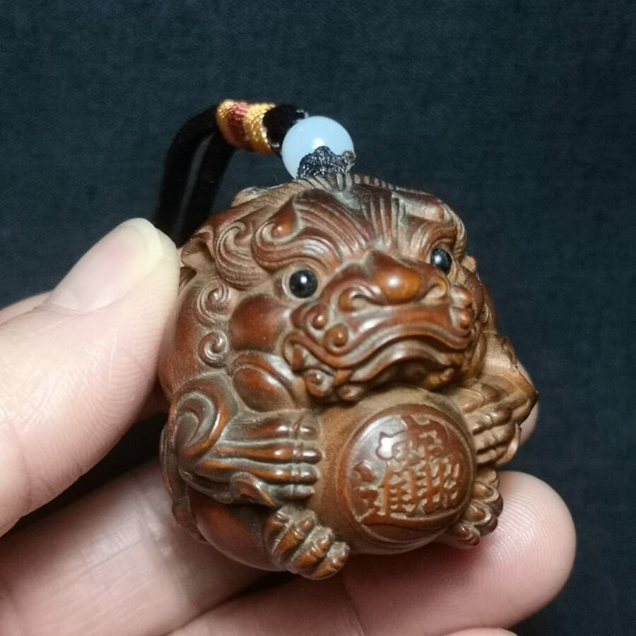 1919 Collectable Japanese Boxwood Hand Carved Lion Figure Statue Netsuke Gift