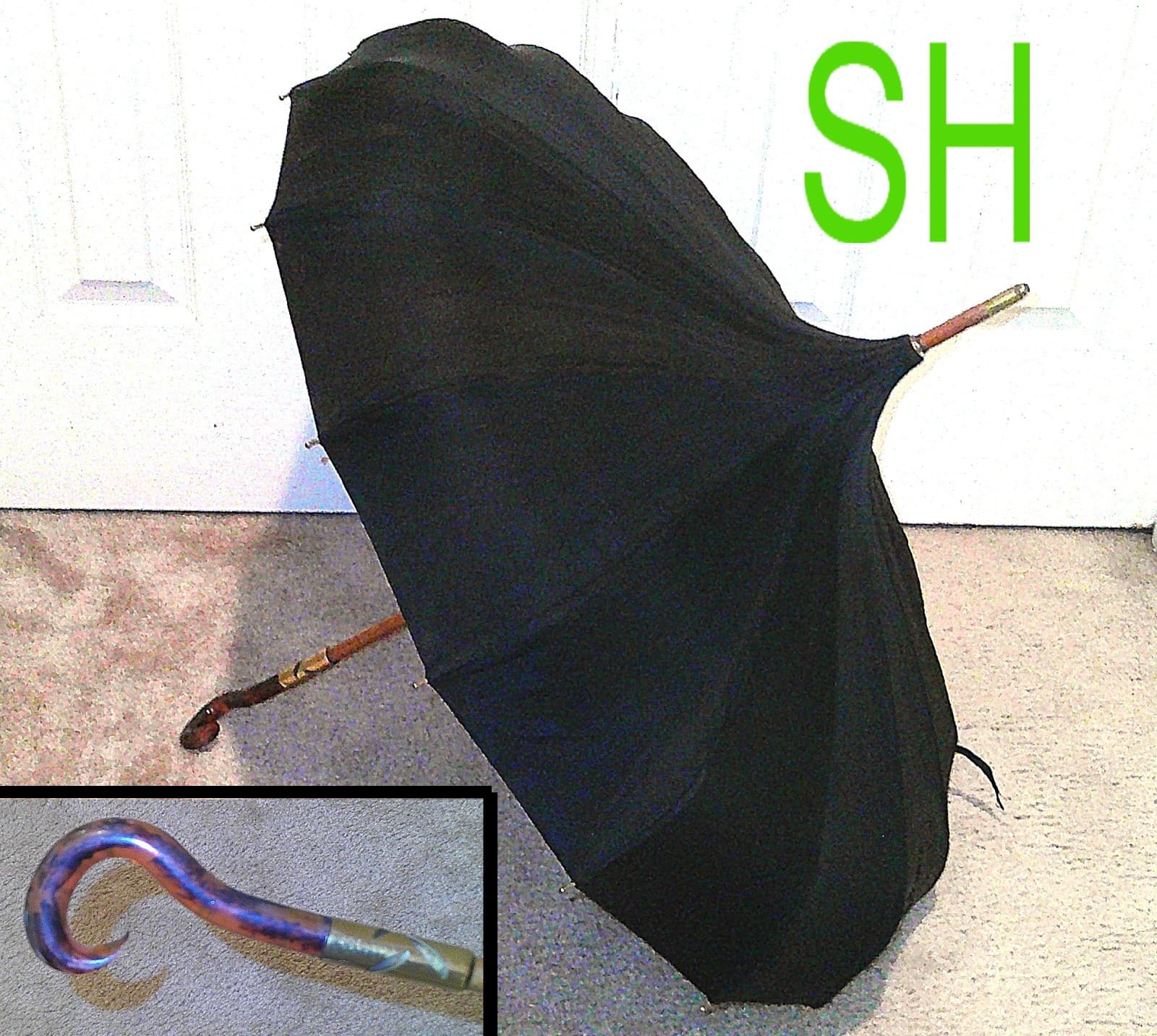 Antique 1930s-40s Toledo Pagoda Umbrella Black 16 Rib Faux Tortoiseshell Handle