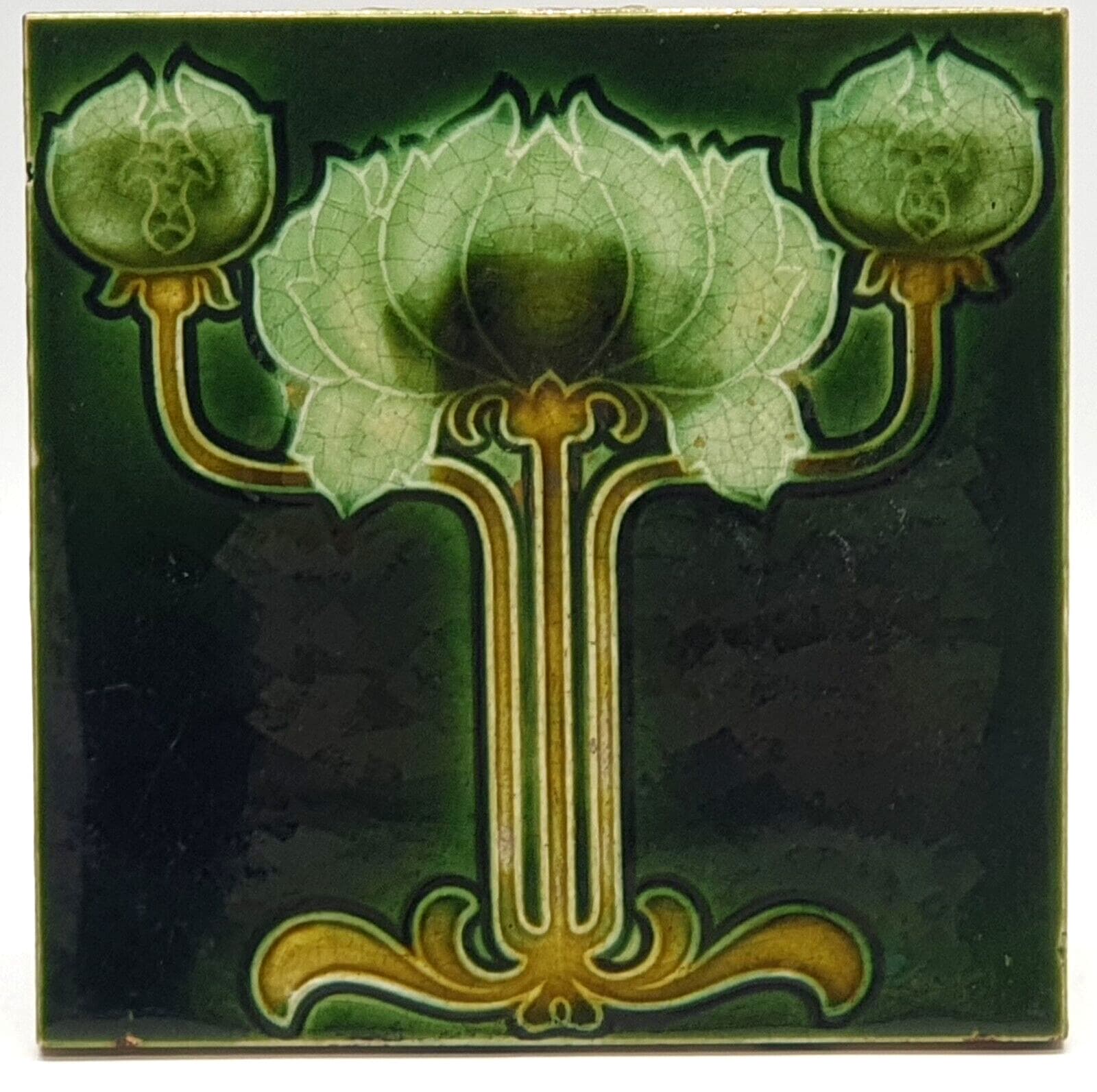 Art Nouveau Fireplace Tile Green Triple Flower Majolica by T & R Boote Ltd C1905