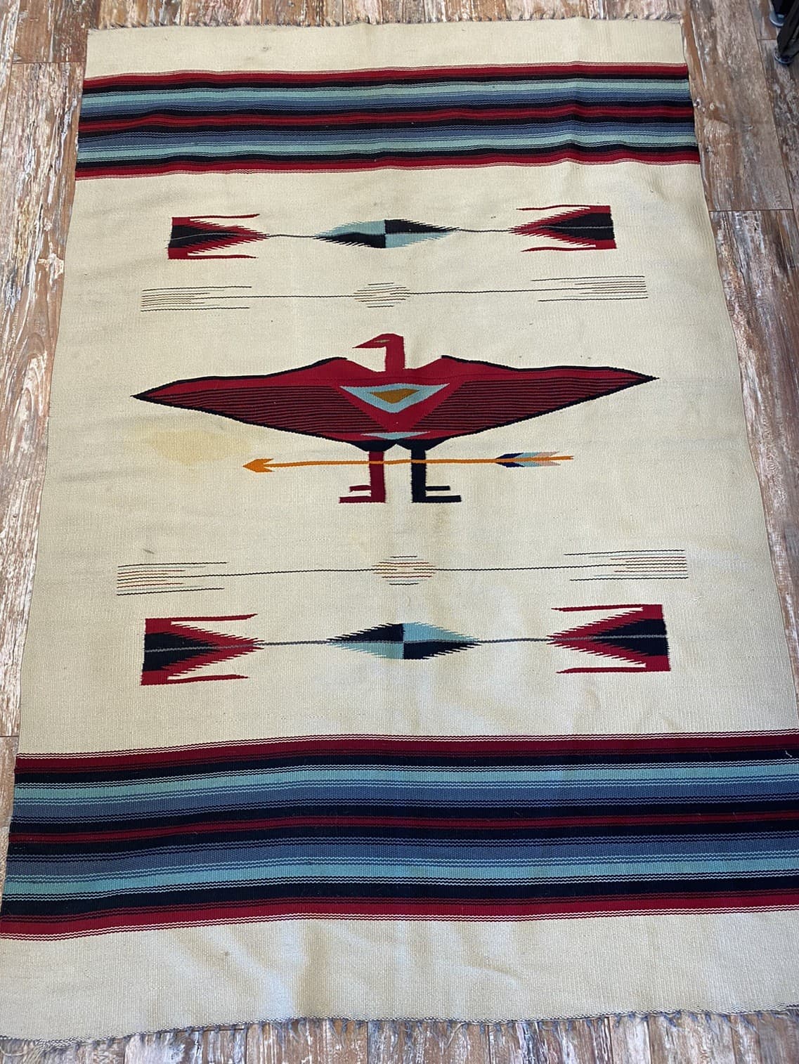 Vintage Woven Thunderbird Rug Red White Native Pattern 80”x46”
