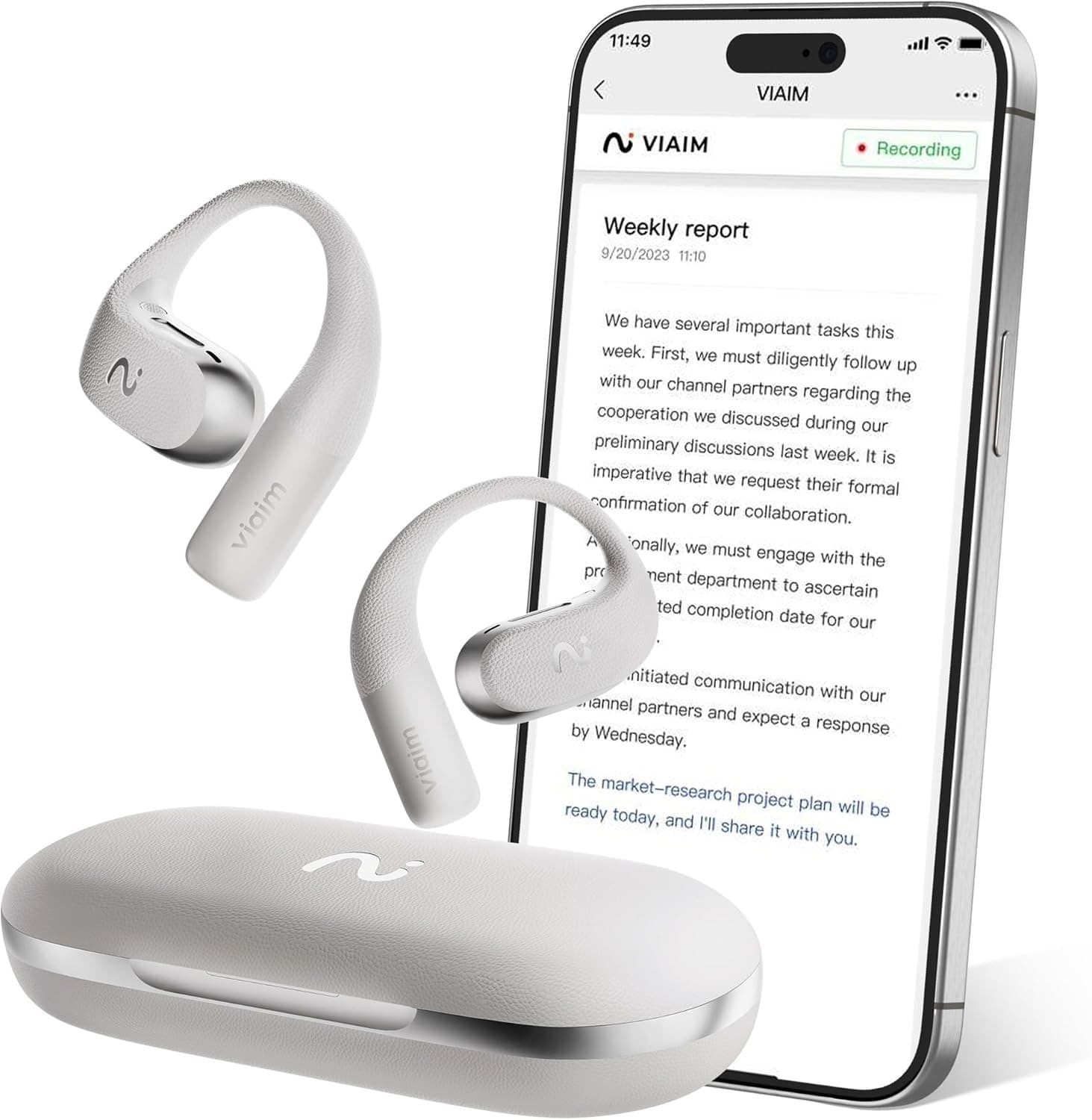 VIAIM OpenNote AI Recorder – Open Ear Earbuds with FlashRecord, Gray